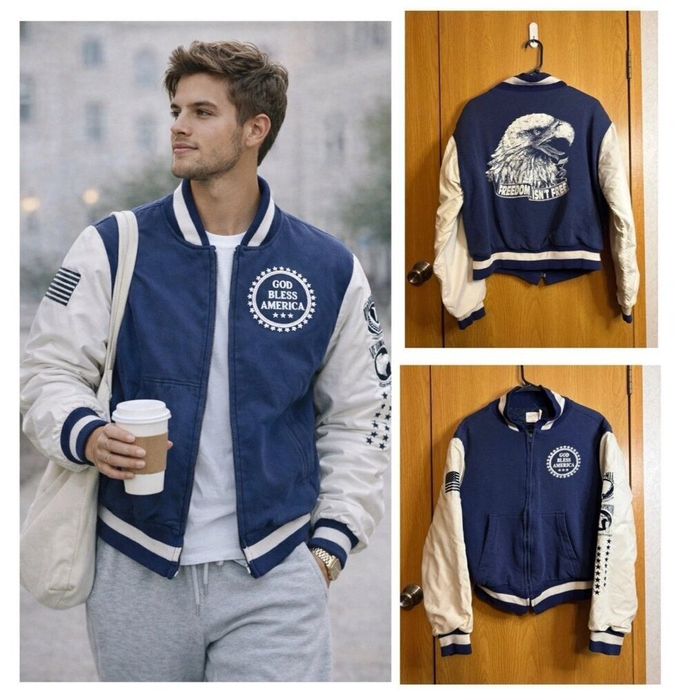 VTG KING LOUIE Bomber Jacket Men SMALL Good Bless USA Flag Eagle Collegiate